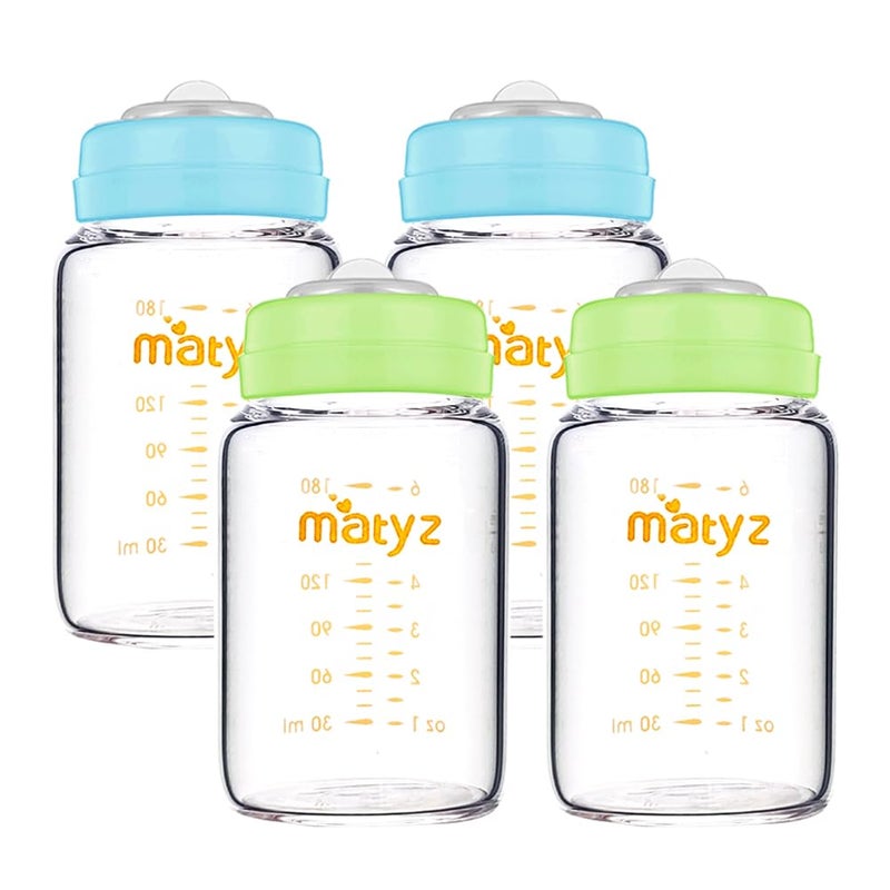 Matyz Glass Breastmilk Storage Containers, 4 Pack, 6 oz Bottle, Fit with Spectra Medela Avent Pump - Wide Mouth Breastmilk Collection and Storage Bottle with Lids - No BPA (2 Green & 2 Blue Lids) - Image 1